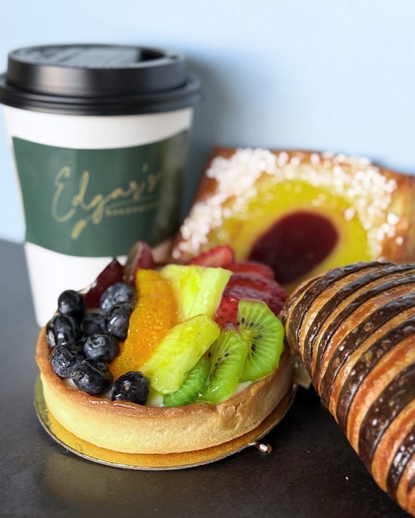 Fresh pastries and an Edgar's Bakehouse cup of coffee